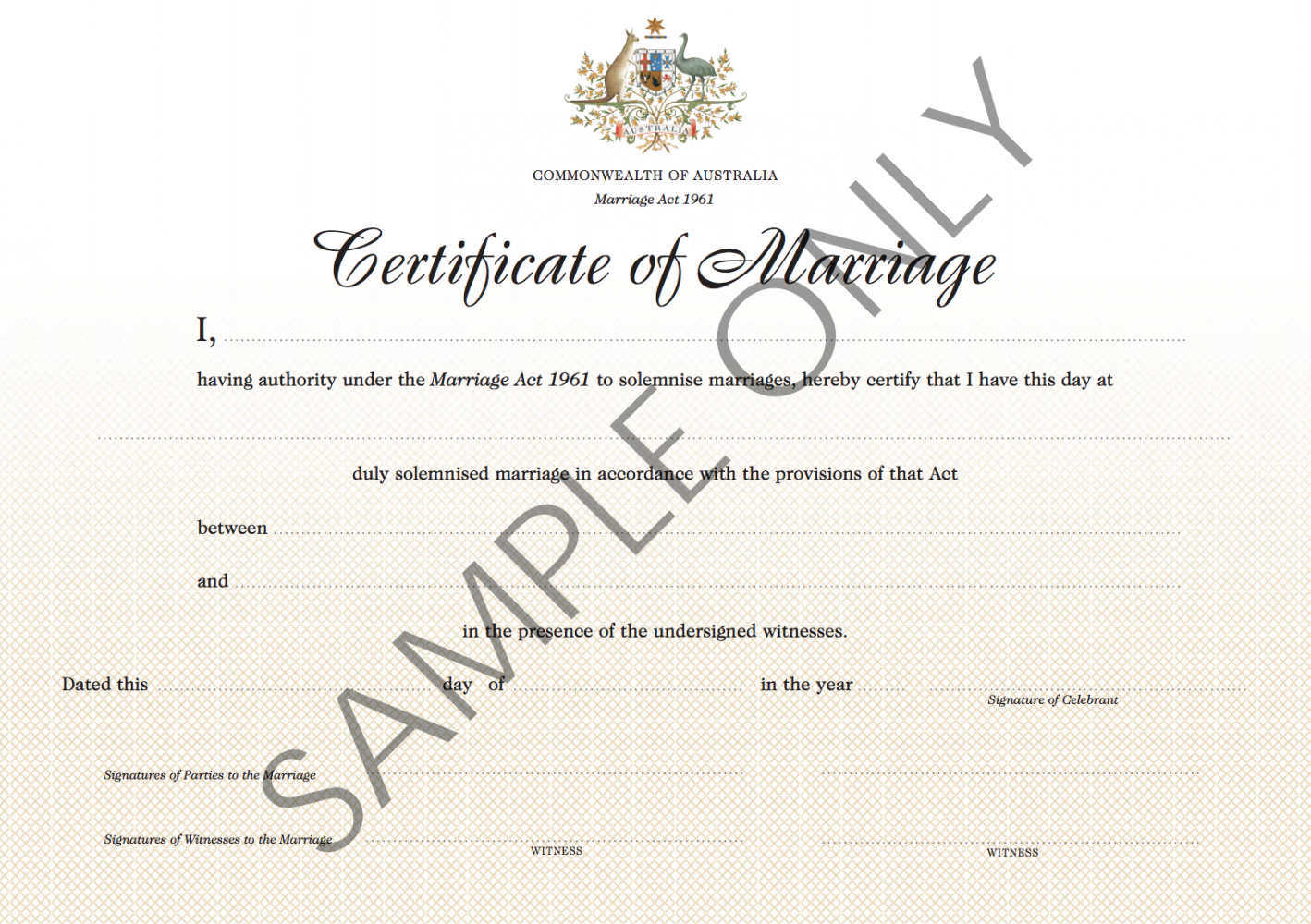 Image of a Commonwealth Marriage Certificate, exemplifying the official documentation couples receive on their wedding day with Ash Reynolds.